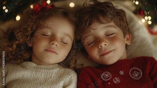 Sweet Dreams Brother And Sister Sleeping On Christmas Eve, Surrounded By Festive Lights.