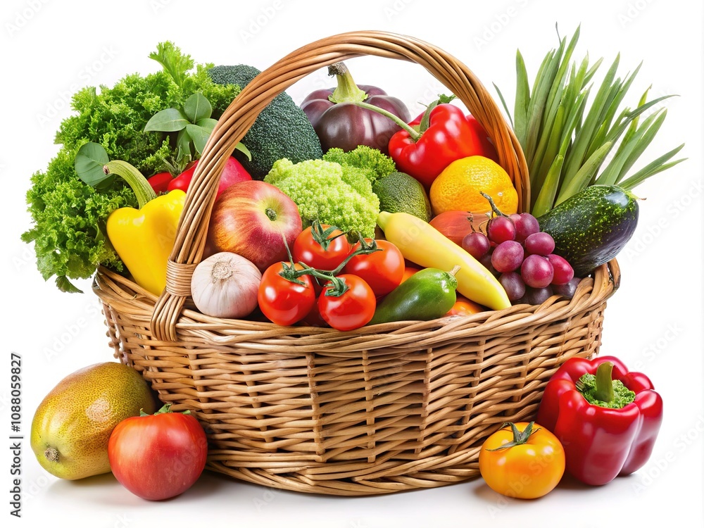 A white background provides a crisp canvas for a basket brimming with vivid fruits and vegetables. A white background provides a crisp canvas for a basket brimming with vivid fruits and vegetables.
