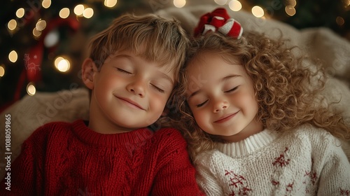 Sweet Dreams of Christmas Adorable Young Siblings Share a Cozy Moment Under Twinkling Lights