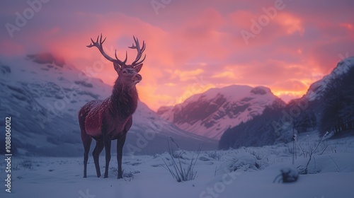 Majestic red deer stag standing in snowy mountain valley at sunset.