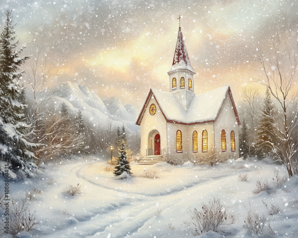 Digital art - Painting of a church in Winter Digital art - Painting of a church in Winter