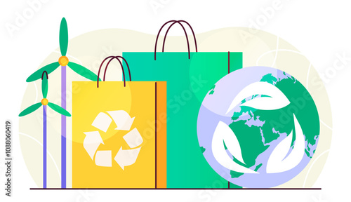 Green energy concept. Caring for nature and environment, reducing release of harmful waste. Sustainable and zero waste lifestyle. Flat vector illustration