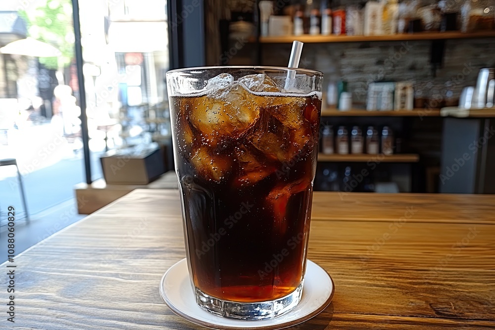 A glass of iced coffee on a table in a cafe. This photo can be used for websites and social media posts for cafes and restaurants. A glass of iced coffee on a table in a cafe. This photo can be used for websites and social media posts for cafes and restaurants.