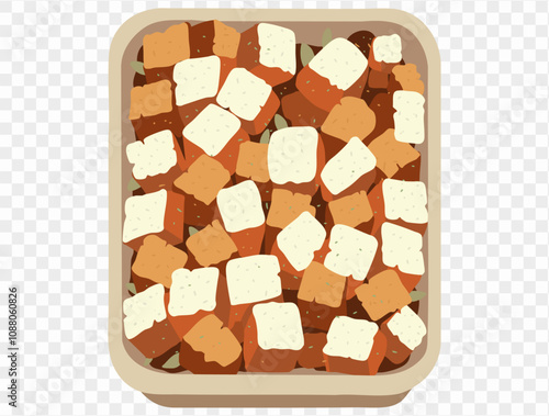 Traditional Thanksgiving stuffing with seasoned bread cubes and herbs in tray on a transparent background. Vector