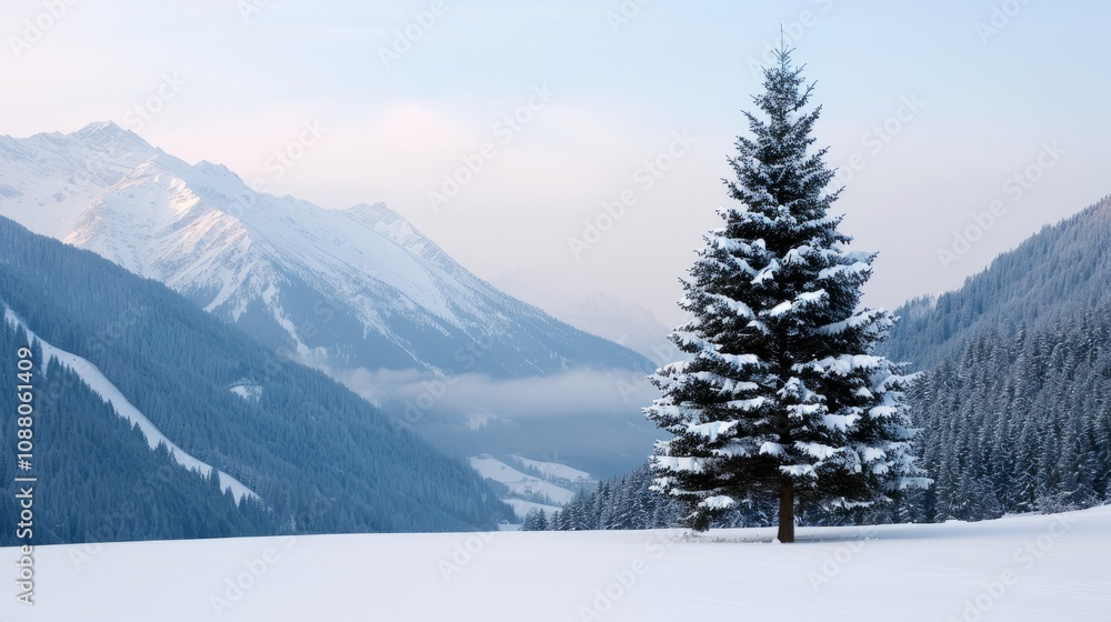 Snow-covered landscape with a solitary pine tree. Snow-covered landscape with a solitary pine tree.