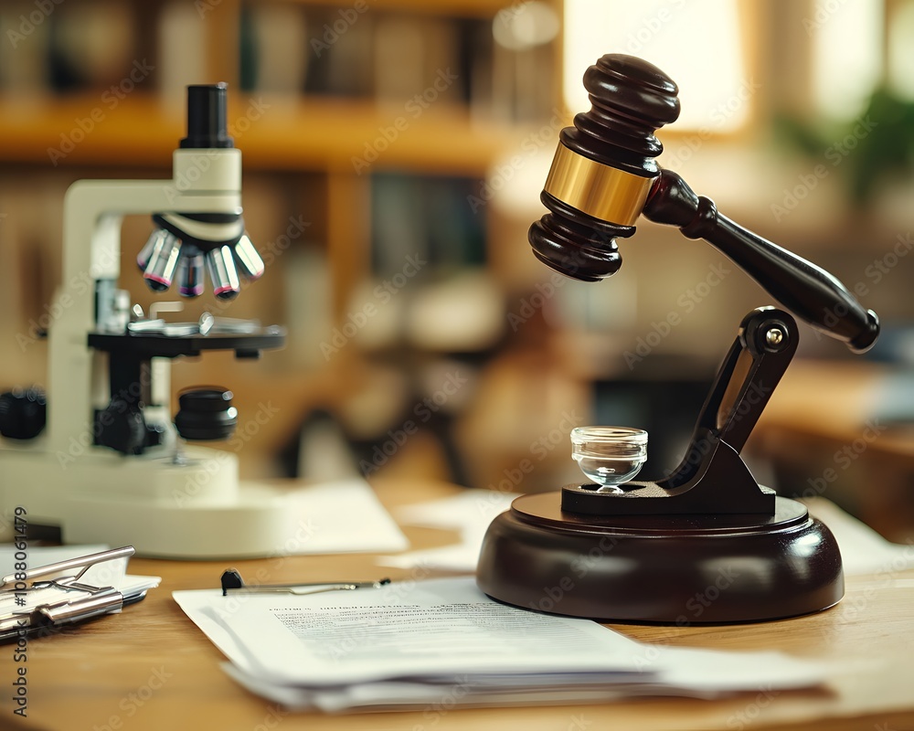 A gavel and microscope on a desk with documents, symbolizing law and science. A gavel and microscope on a desk with documents, symbolizing law and science.