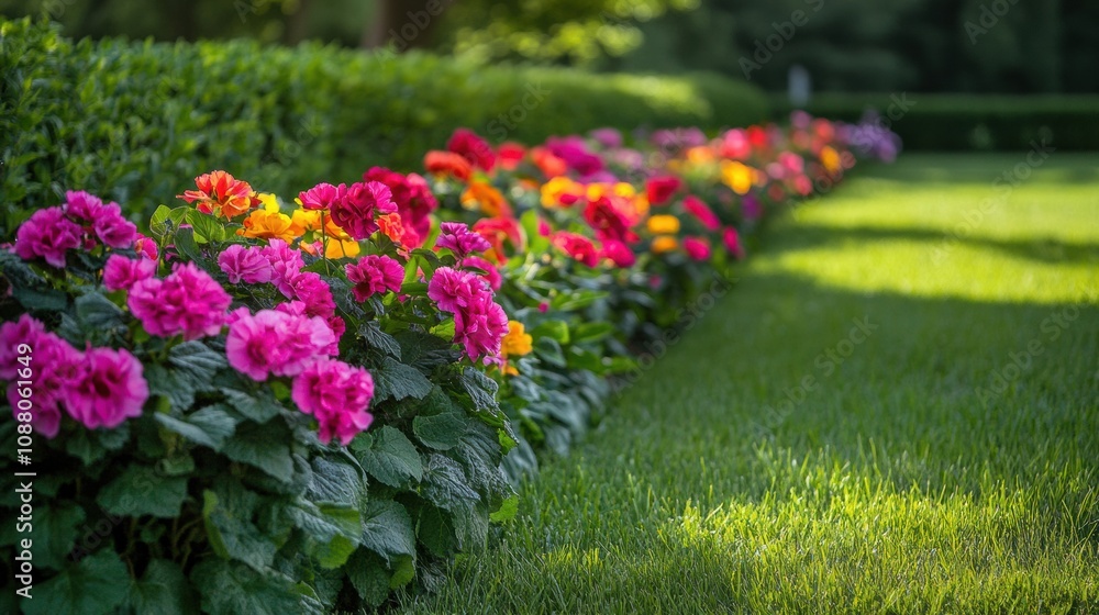 Obraz premium A vibrant display of colorful flowers fills a green meadow, bringing life and beauty to the serene garden in full bloom. Generative AI