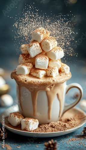 A cup of hot chocolate with marshmallows. The hot chocolate is overflowing with marshmallows and cocoa powder. photo