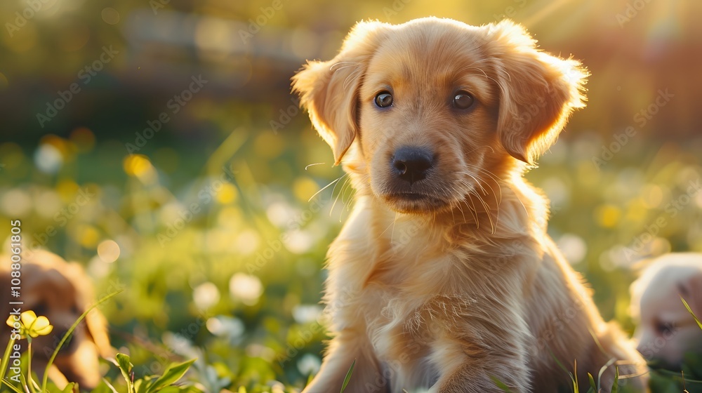 Puppies Enjoying the Sunset in a Flower Field Puppies Enjoying the Sunset in a Flower Field