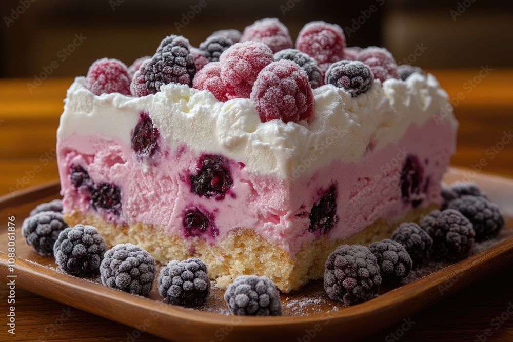 Delicious frozen dessert with berries. A close-up shot of a frozen dessert with raspberries and blackberries, perfect for illustrating recipes, articles, and food blogs. Delicious frozen dessert with berries. A close-up shot of a frozen dessert with raspberries and blackberries, perfect for illustrating recipes, articles, and food blogs.