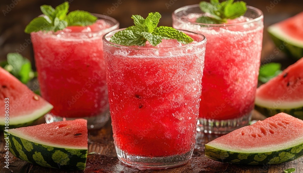 Watermelon smoothie in glasses, with mint. A refreshing summer drink perfect for hot days, featuring watermelon, ice and mint for a cool and flavorful treat. Watermelon smoothie in glasses, with mint. A refreshing summer drink perfect for hot days, featuring watermelon, ice and mint for a cool and flavorful treat.