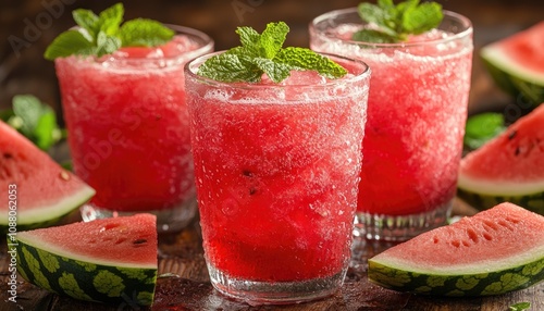 Wallpaper Mural Watermelon smoothie in glasses, with mint. A refreshing summer drink perfect for hot days, featuring watermelon, ice and mint for a cool and flavorful treat. Torontodigital.ca