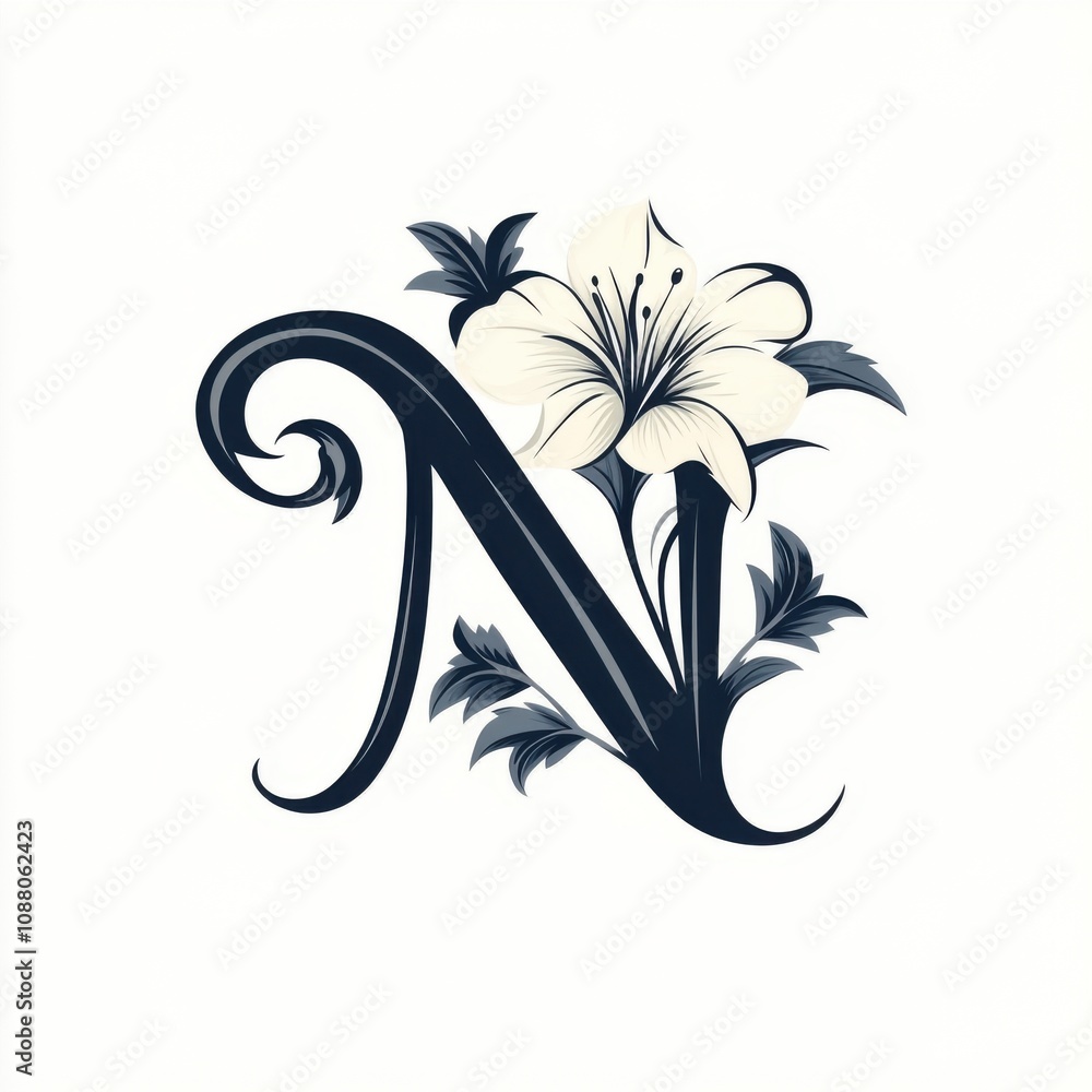 Fototapeta premium Elegant decorative letter 'N' with floral elements, featuring a white lily and green leaves.