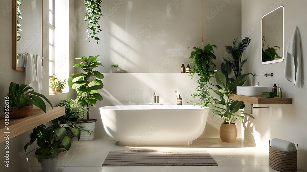 Modern bathroom interior with white sink, bathtub, bath accessories and houseplants Modern bathroom interior with white sink, bathtub, bath accessories and houseplants