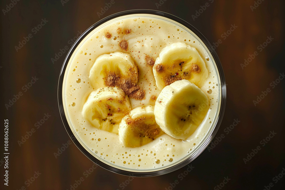 Vegan protein banana shake or smoothie in glass. Top view, selective focus Vegan protein banana shake or smoothie in glass. Top view, selective focus