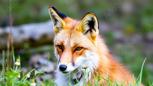 Close-up of a red fox (Vulpes vulpes) sitting like a dog in Summer in Kent, United Kingdom photo