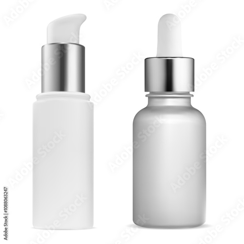 Small dropper bottle mockup. Serum face clear cosmetic, isolated 3d vector template. Airless dispenser package for essence oil, mini flacon. Skin moisturizer loyion vial. Foundation product bottle