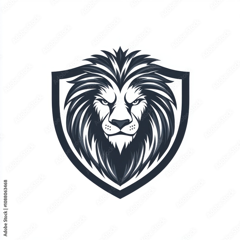 Stylized lion head logo with a fierce expression, framed in a shield design in black and white. Stylized lion head logo with a fierce expression, framed in a shield design in black and white.