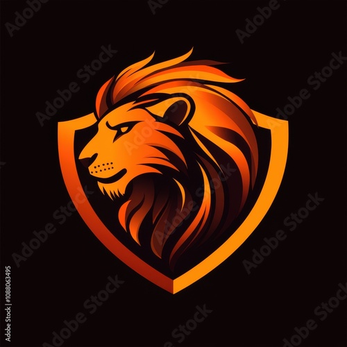 A fierce lion's head logo in vibrant orange hues, set against a sleek black background, embodying strength and courage. photo