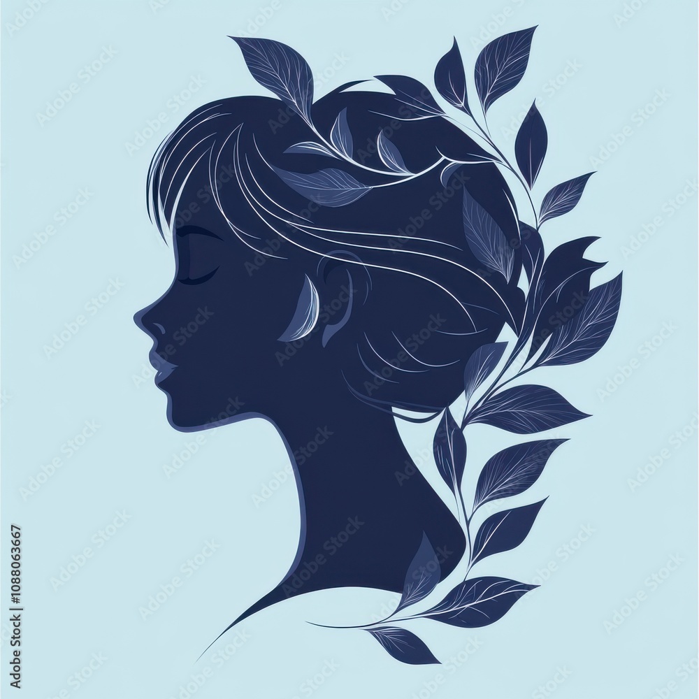 Silhouetted profile of a serene woman with leaves, representing nature and tranquility in harmony. Silhouetted profile of a serene woman with leaves, representing nature and tranquility in harmony.