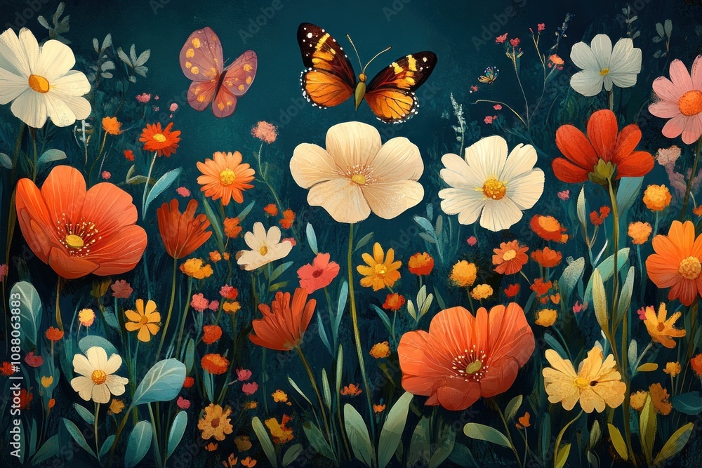 A vibrant illustration of a field of flowers in bloom with two butterflies flying above. A vibrant illustration of a field of flowers in bloom with two butterflies flying above.