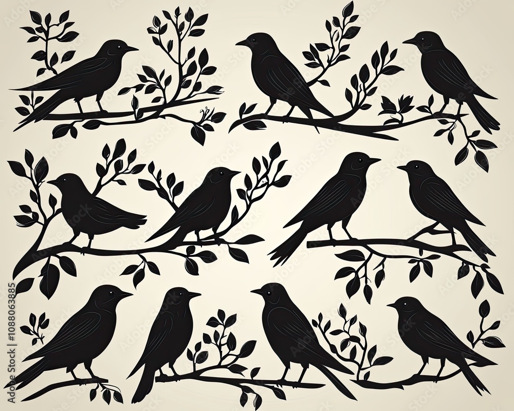 Obraz premium Silhouettes of birds on branches. Perfect for designs about nature, spring, and freedom.