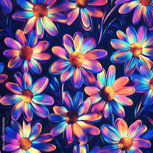 Vibrant and Iridescent Daisies with Blue and Yellow Hues