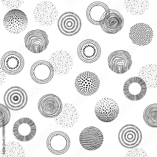 Doodle hand drawn pattern with different textured circles. Abstract background with round organic shapes. Trendy vector design elements for cover, poster, banner, label, fabric, wallpaper, wrapping.	