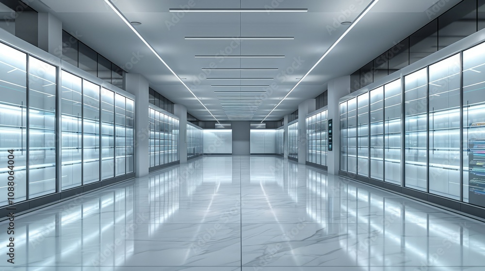 Fototapeta premium Modern, bright, spacious cold storage facility with glass-door refrigerators and marble floor.