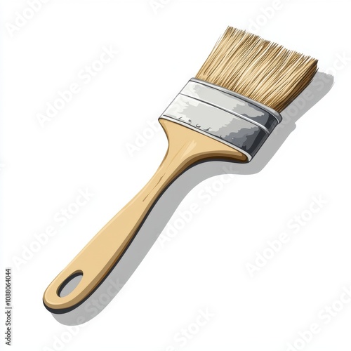 A wooden-handled paintbrush with a flat bristle head on a clean background. photo