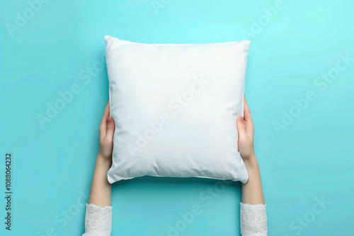White blank square pillow mockup, woman holding with two hands on isolated pastel color background