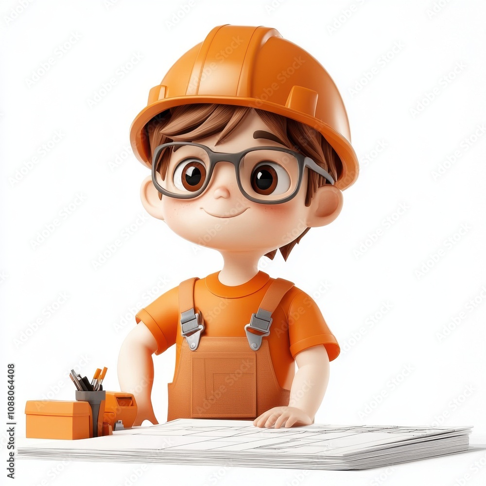 A young boy with dark hair wears an orange hard hat and glasses, smiling while standing by blueprints on a table. A young boy with dark hair wears an orange hard hat and glasses, smiling while standing by blueprints on a table.