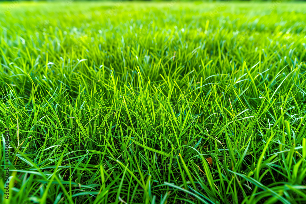 Fototapeta premium Wide format background image of green carpet of neatly trimmed grass. Beautiful grass texture on bright green mowed lawn, field, grassplot in nature.