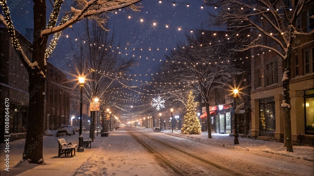 Winter street with sparkling Christmas lights and snowflakes Winter street with sparkling Christmas lights and snowflakes