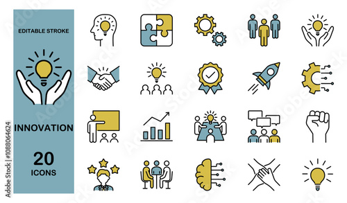 Innovation line color icons set. Technology, creative, brainstorm. Editable stroke, vector illustration