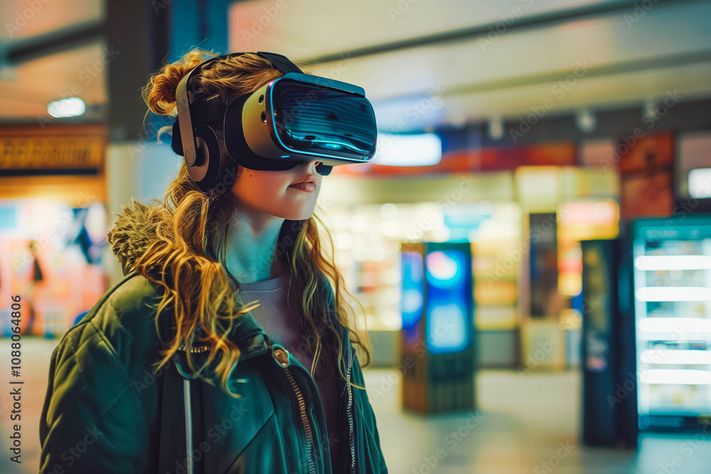 A woman interacts with the virtual world using a VR headset. A woman interacts with the virtual world using a VR headset.