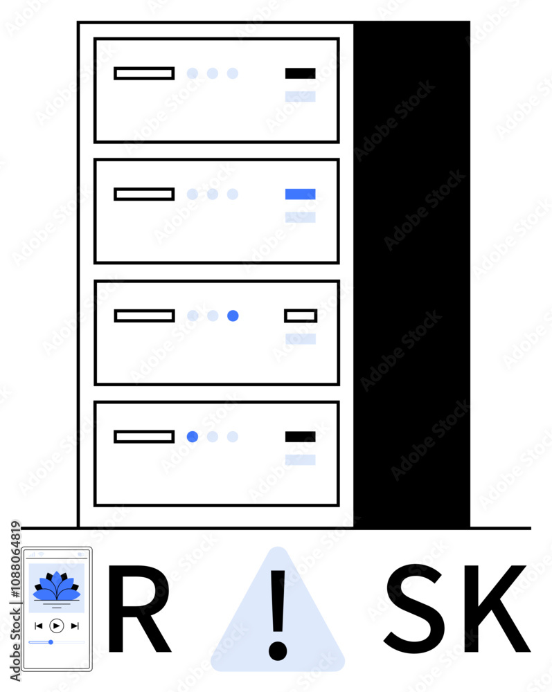 Data server rack with multiple panels and warning RISK along with integrated music player. Ideal for data security, IT, technology, risk management, server maintenance, system alerts. Line metaphor Data server rack with multiple panels and warning RISK along with integrated music player. Ideal for data security, IT, technology, risk management, server maintenance, system alerts. Line metaphor