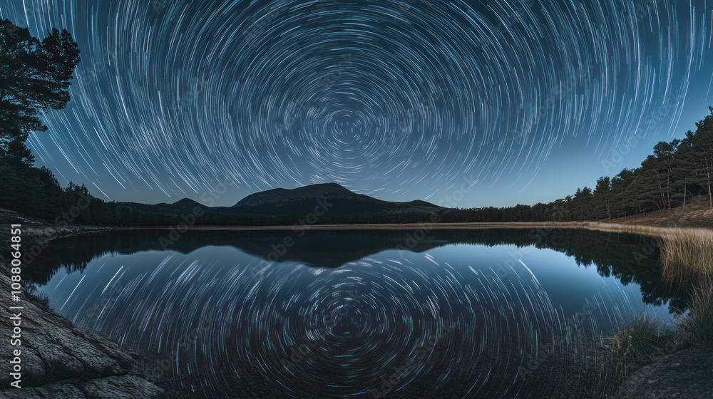 Fototapeta premium Star Trails Over a Tranquil Lake