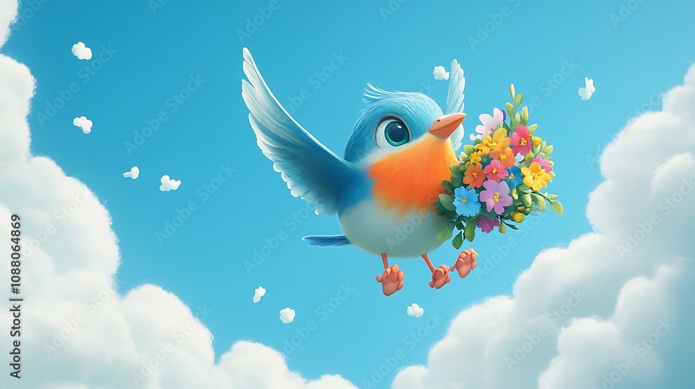 Fototapeta premium Whimsical Bird Flying with Flowers in a Blue Sky