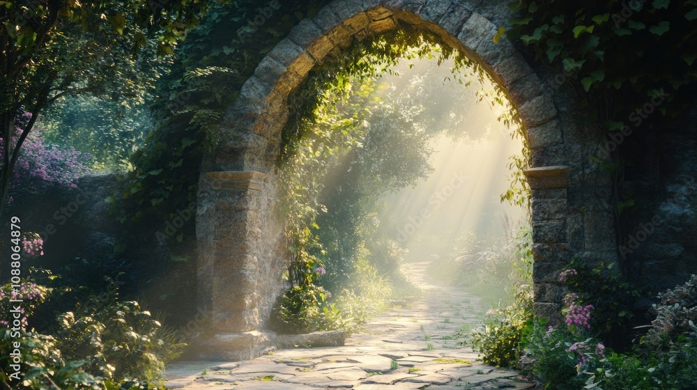 Stone Archway Leading to a Mystical Forest Path Stone Archway Leading to a Mystical Forest Path
