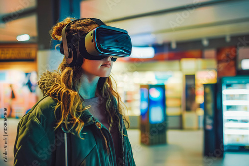 A woman interacts with the virtual world using a VR headset.