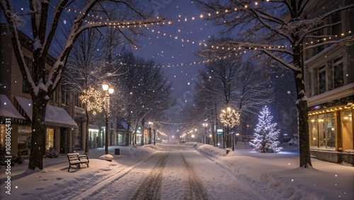 Winter street with sparkling Christmas lights and snowflakes