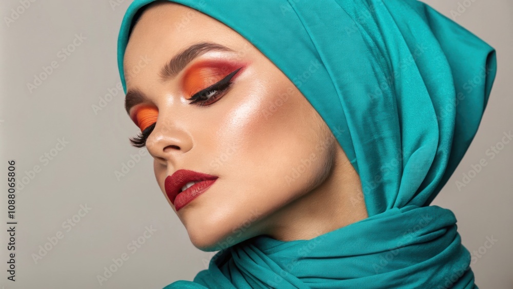 The subject wears a turquoise headscarf that complements her dramatic makeup. Her eyelids are decorated with a lively orange eyeshadow while her lips shine in a deep crimson The subject wears a turquoise headscarf that complements her dramatic makeup. Her eyelids are decorated with a lively orange eyeshadow while her lips shine in a deep crimson