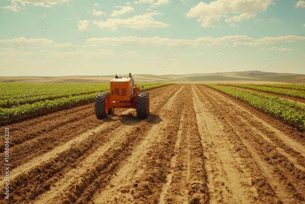 Robotic machines work diligently on a large farm, planting and harvesting crops under a clear blue sky with abundant sunlight. Generative AI Robotic machines work diligently on a large farm, planting and harvesting crops under a clear blue sky with abundant sunlight. Generative AI