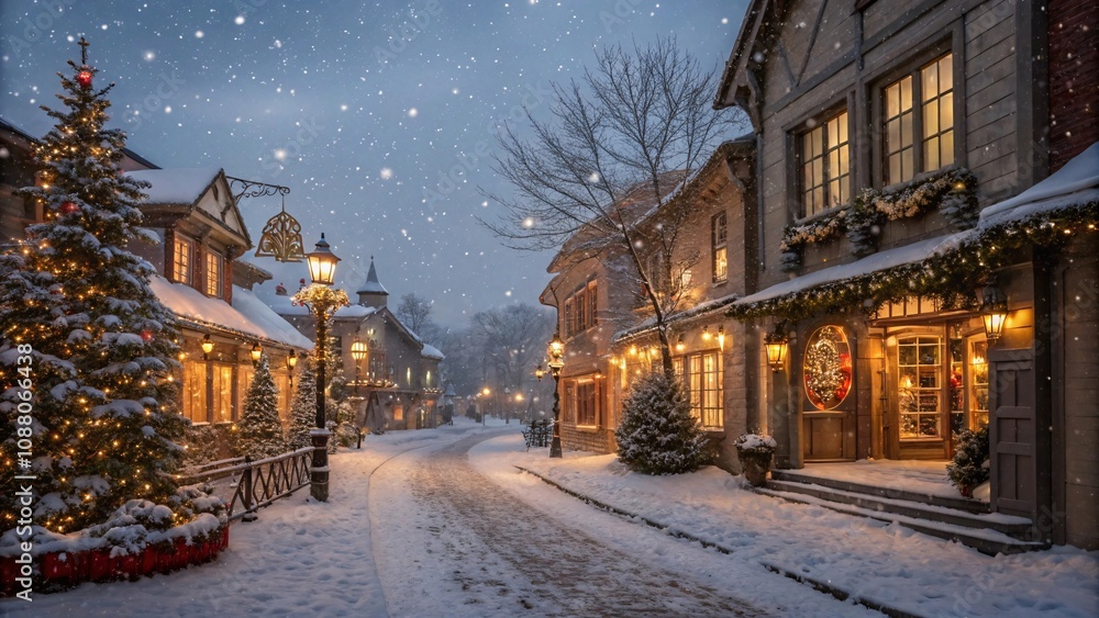 Winter street with sparkling Christmas lights and snowflakes Winter street with sparkling Christmas lights and snowflakes