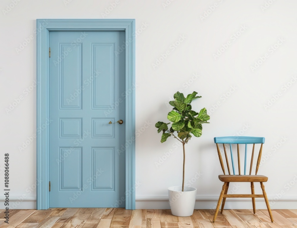 A wooden chair sits beside a closed pale blue door in a white room A wooden chair sits beside a closed pale blue door in a white room