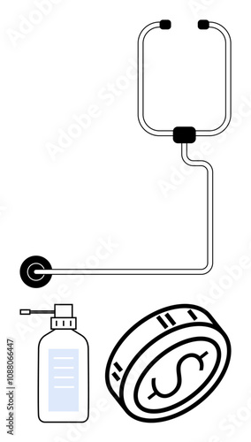 Stethoscope connected to a pill bottle and a coin with a dollar sign. Ideal for medical expenses, healthcare, pharmaceutical industry, financial health, insurance, medical consultations, and economic