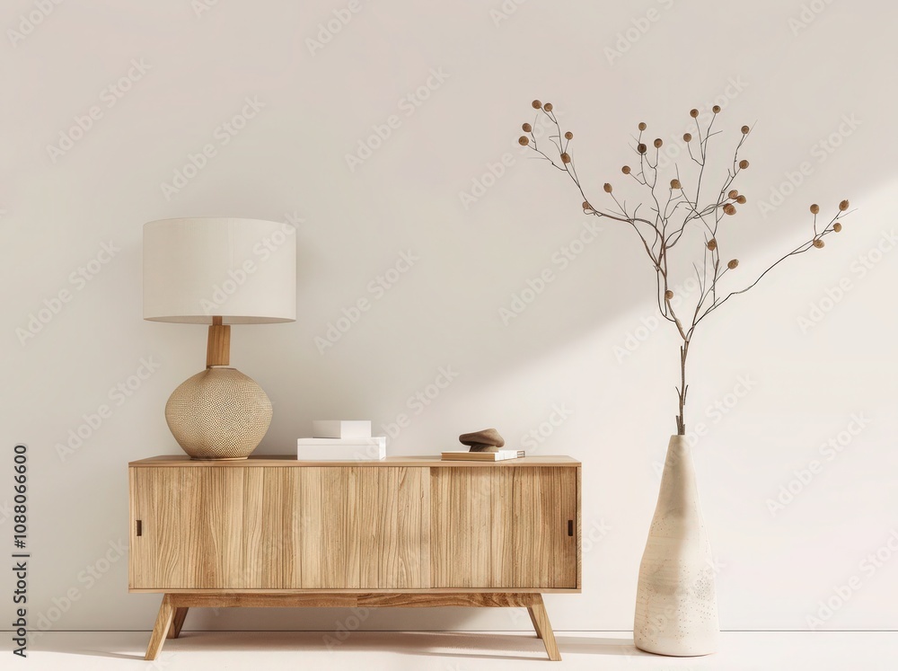 A wooden cabinet with a lamp and a vase of dried flowers on top A wooden cabinet with a lamp and a vase of dried flowers on top
