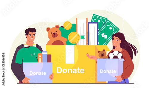 People with donation. Man and woman with boxes of things and toys. Volunteers of charity organization. Generosity and kindness. Flat vector illustration