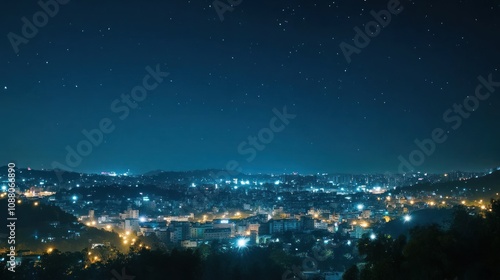 Nighttime Cityscape Under a Starry Sky